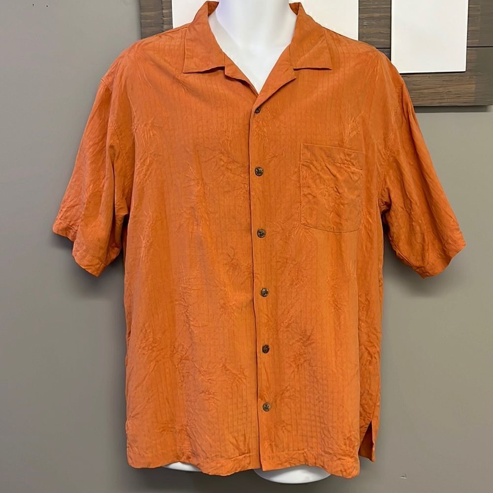 Tommy Bahama Orange Short Sleeve Button Down Tropical Silk Casual Shirt- Large